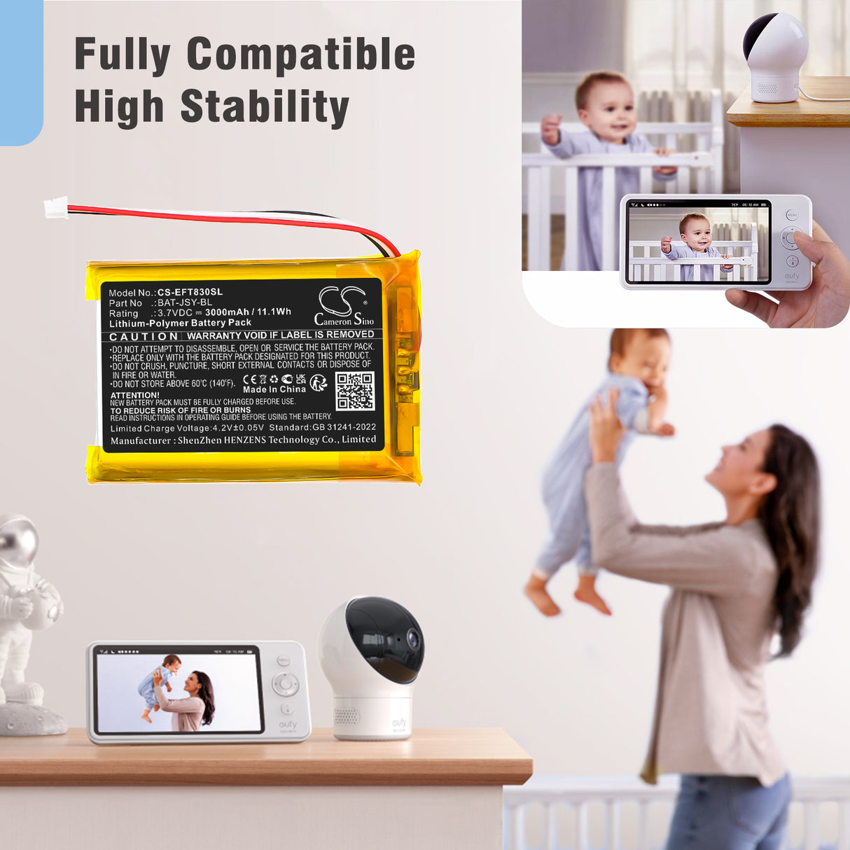 3,7V, Li-Polymer, 3000mAh, batterie BabyPhone compatible avec Eufy, BAT-JSY-BL, SpaceView Baby Monitor E110, T8300-M, 11,1Wh BabyPhone Cameron Sino Technology Limited