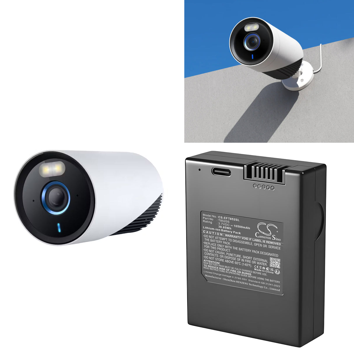 3.7V, Li-ion, 10500mAh, batterie de caméra de sécurité domestique compatible avec Eufy, T8520s, E330, Eufycam 3, 38.85Wh Caméra de sécurité domestique Cameron Sino Technology Limited