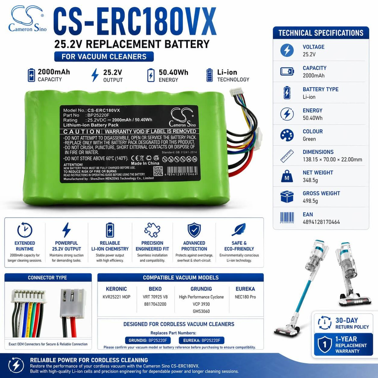25.2v, Li-ion, 2000mah, Vacuum Battery Fit's Eureka, Nec180 Pro, 50.40wh Vacuum Cameron Sino Technology Limited