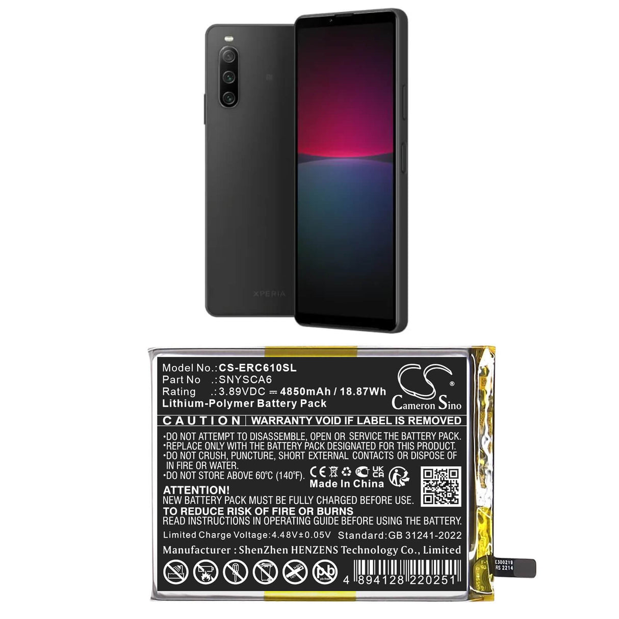 3.89V, Li-Polymer, 4850mAh, Mobile, SmartPhone battery fits Sony, SNYSCA6, A202SO, PDX-225, 18.87Wh Mobile, SmartPhone Cameron Sino Technology Limited