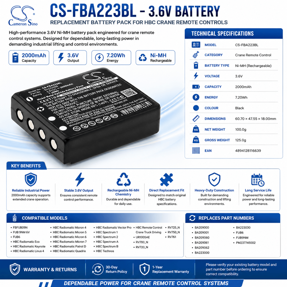 Crane Remote Battery For Hbc Radiomatic Quadrix, Radiomatic Keynote, Radiomatic Patrol D 3.6v, 2000mah - 7.20wh Crane Remote Control Cameron Sino Technology Limited