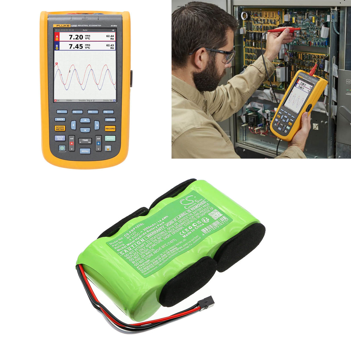 4,8 V, Ni-MH, 3000 mAh, Équipement, Enquête, Batterie de test compatible avec Fluke, Bp120, Scopemeter 120 (micrologiciel 2.01, 14.4Wh Équipement, Enquête, Test Cameron Sino Technology Limited
