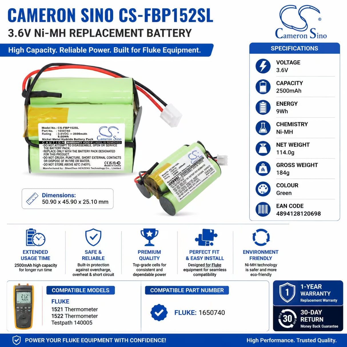 3.6V, Ni-MH, 2500mAh, Equipment battery fits Fluke, 1650740, 1521 Thermometer, 1522 Thermometer, 9Wh Equipment, Survey, Test Cameron Sino Technology Limited