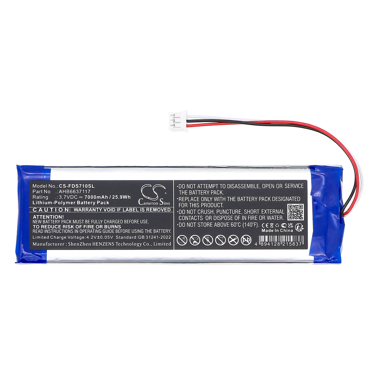 3,7V, Li-Polymère, 7000mAh, Équipement, Enquête, Batterie de test compatible avec Fluke, Ahb6637117, Vidéoscope de diagnostic Ds701, Vidéoscope de diagnostic Ds703, 25,9Wh Équipement, Enquête, Test Cameron Sino Technology Limited