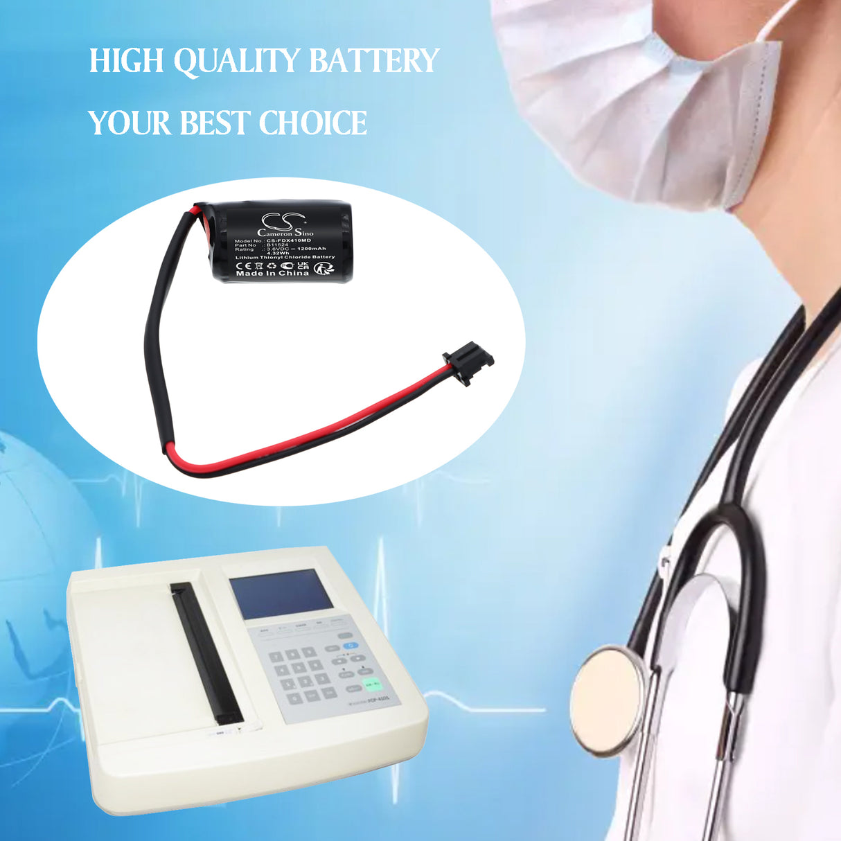 3.6V, Li-SOCl2, 1200mAh, Medical battery fits Fukuda, B11524, Denshi FCP-4101 ECG Memory, 4.32Wh Medical Cameron Sino Technology Limited