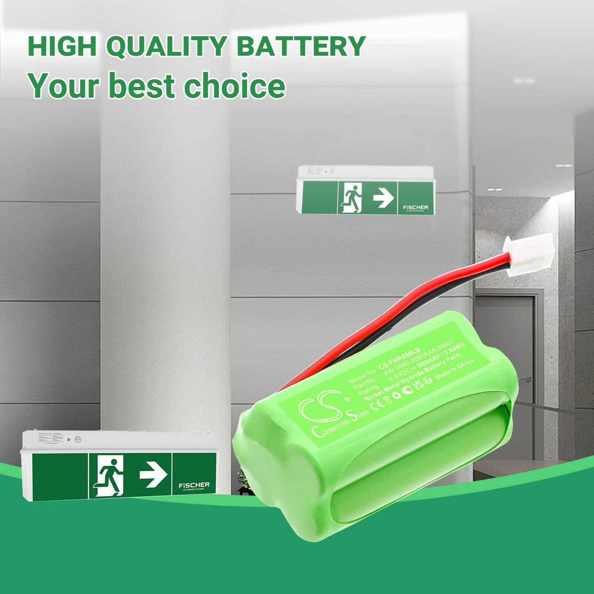4,8V, Ni-MH, 800mAh, batterie d'éclairage de secours compatible avec Fischer, AW-0480-0080AAA-NM01, 3,84Wh Éclairage de secours Cameron Sino Technology Limited