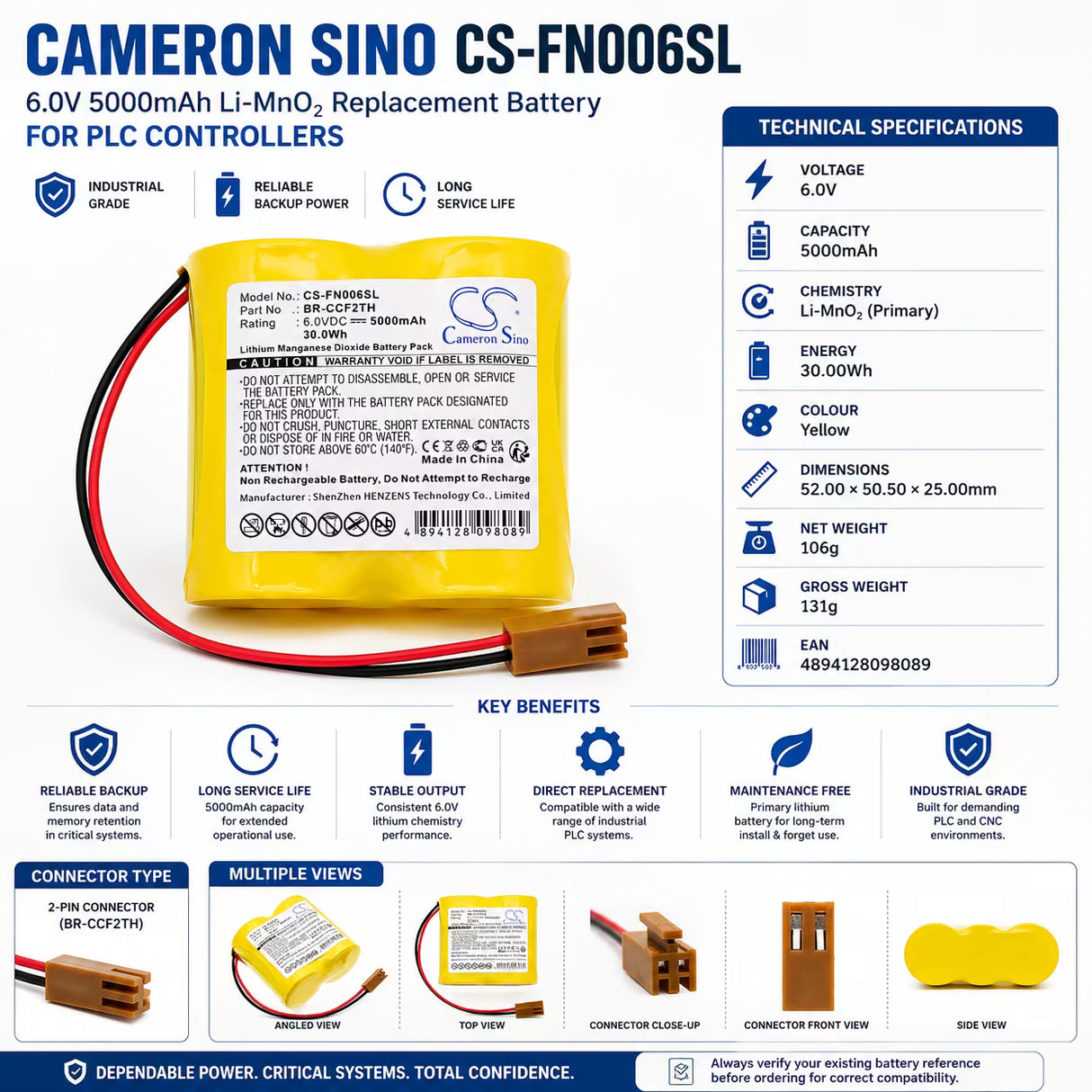 PLC Battery for Fanuc A98l-0001-0902, Br-ccf2th 6v, 5000 Mah - 30wh PLC Cameron Sino Technology Limited