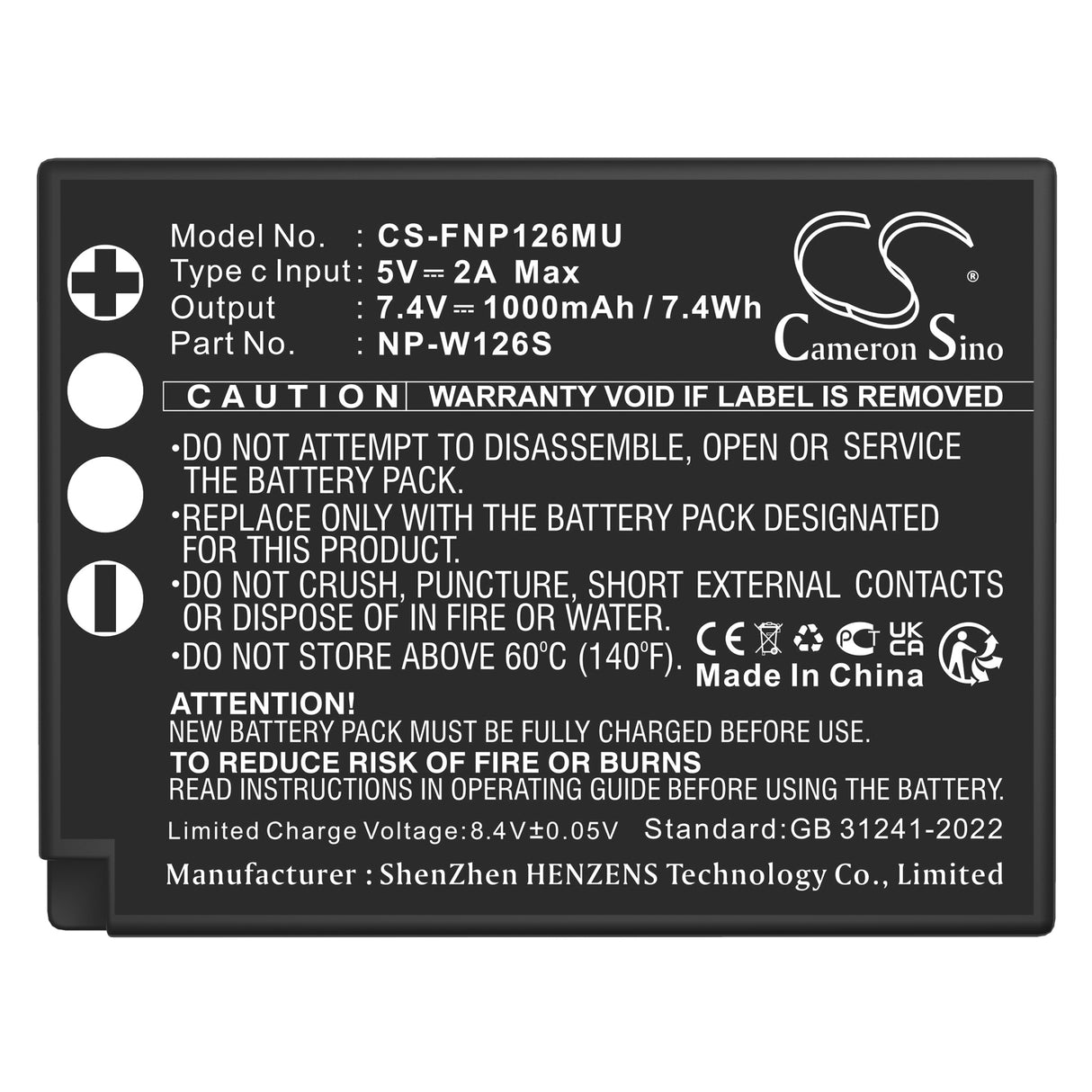 7.4V, Li-ion, 1000mAh, Batterie d'appareil photo compatible Fujifilm, Np-w126, Finepix Hs30, Finepix Hs30exr, 7.4Wh Appareil photo Cameron Sino Technology Limited (Appareil photo)