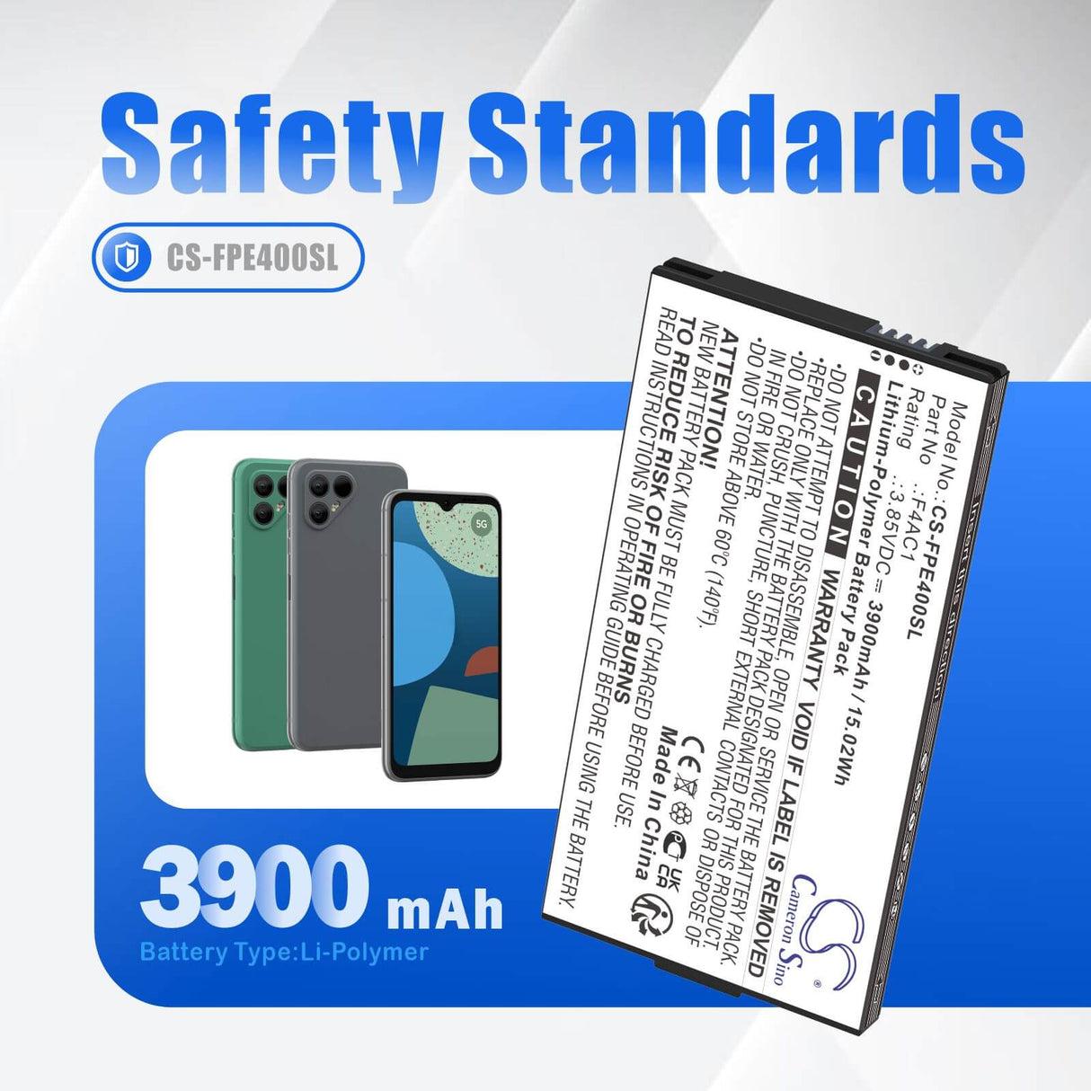 3.85V, Li-Polymer, 3900mAh, Mobile, SmartPhone battery fits Fairphone, F4ac1, Fairphone 4, 15.02Wh Mobile, SmartPhone Cameron Sino Technology Limited