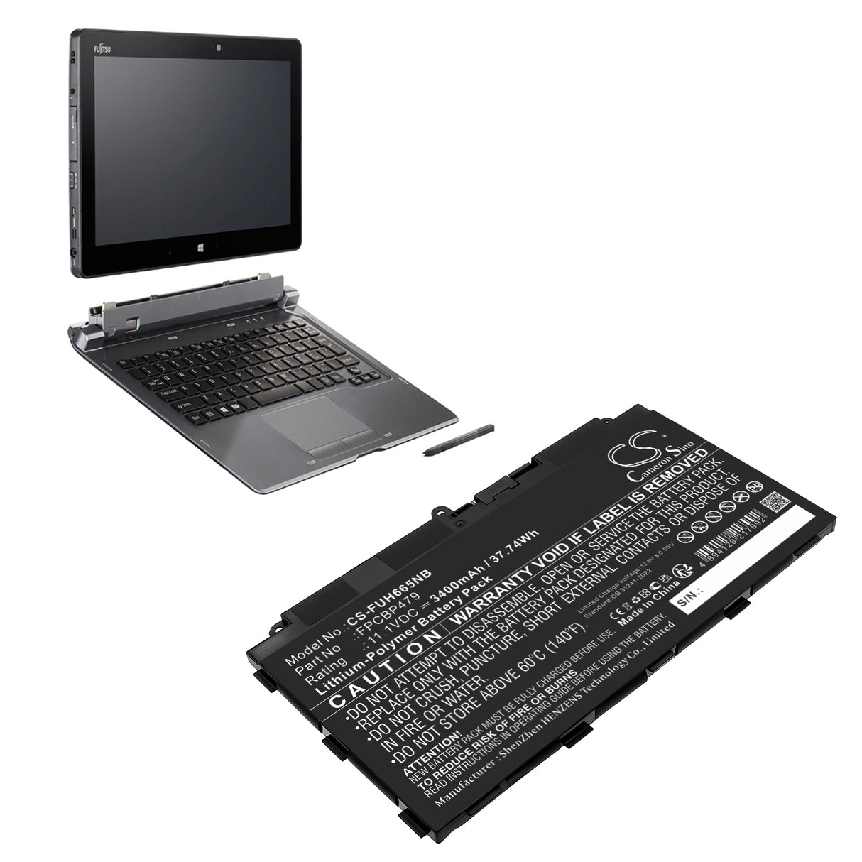 11.1V, Li-Polymer, 3400mAh, Notebook, Laptop battery fits Fujitsu, Cp785375-xx, Stylistic Q616, Stylistic Q665, 37.74Wh Notebook, Laptop Cameron Sino Technology Limited
