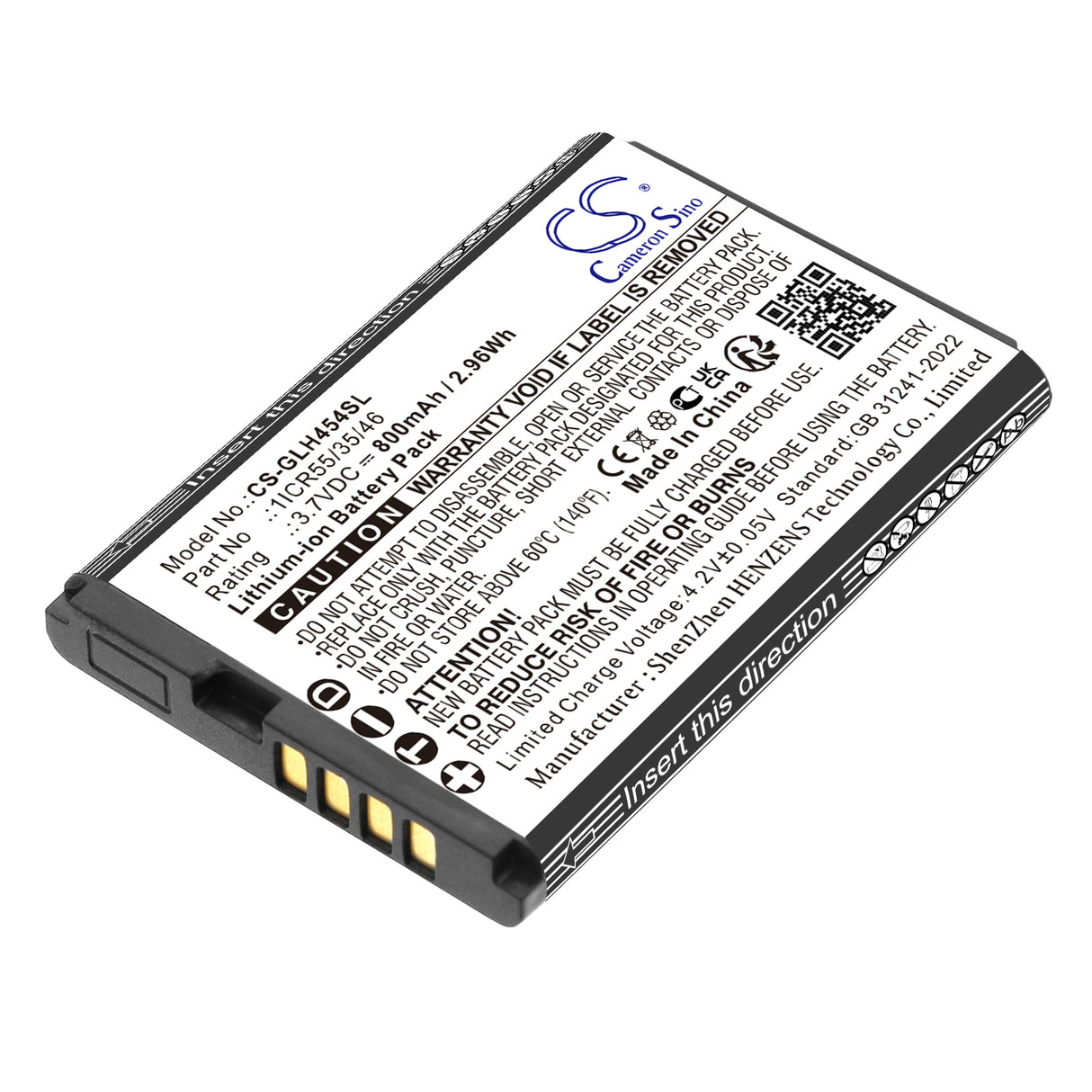 3.7V, Li-ion, 800mAh, Equipment, Survey, Test battery fits Geospace, 1ICR55/35/46, GSB-LHR, Line Health Recorder, 2.96Wh Equipment, Survey, Test Cameron Sino Technology Limited