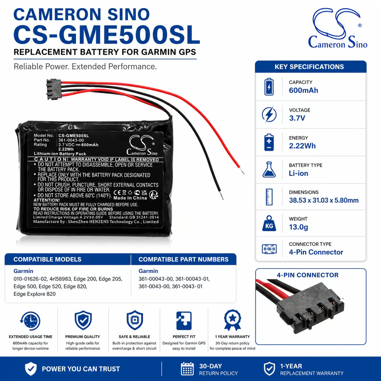 3,7 V, Li-ion, 600mAh, la batterie GPS s'adapte à Garmin, 361-00043-00, 010-01626-02, 4RL58983, 2,22Wh