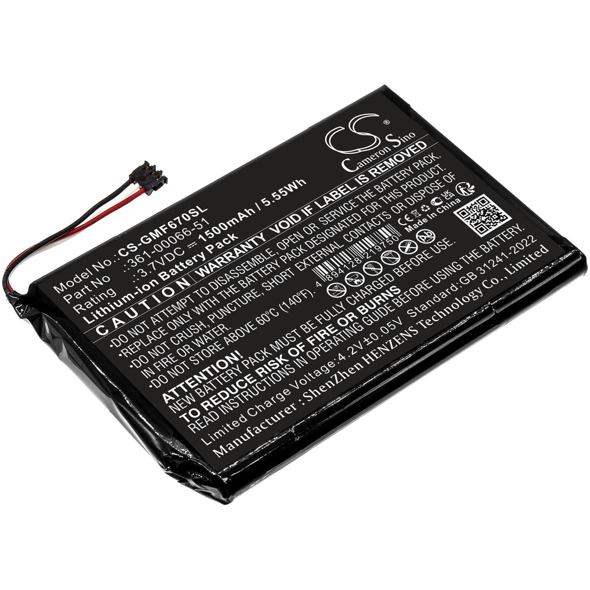 3,7V, Li-ion, 1500mAh, GPS, batterie de navigateur compatible Garmin, 361-00066-51, Fleet 670 LM TRUCK, 5.55Wh GPS, navigateur Cameron Sino Technology Limited