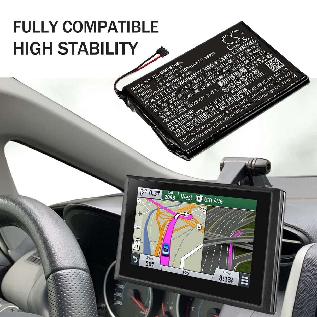 3,7V, Li-ion, 1500mAh, GPS, batterie de navigateur compatible Garmin, 361-00066-51, Fleet 670 LM TRUCK, 5.55Wh GPS, navigateur Cameron Sino Technology Limited