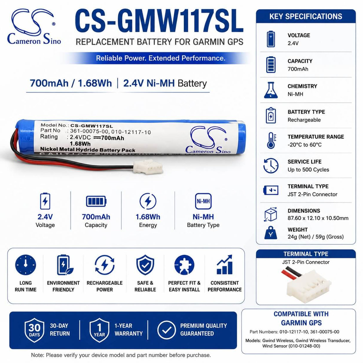 2.4V, Ni-MH, 700mAh, GPS battery fits Garmin, 010-12117-10, 010-01248-00, Gwind Wireless, 1.68Wh GPS, Navigator Cameron Sino Technology Limited