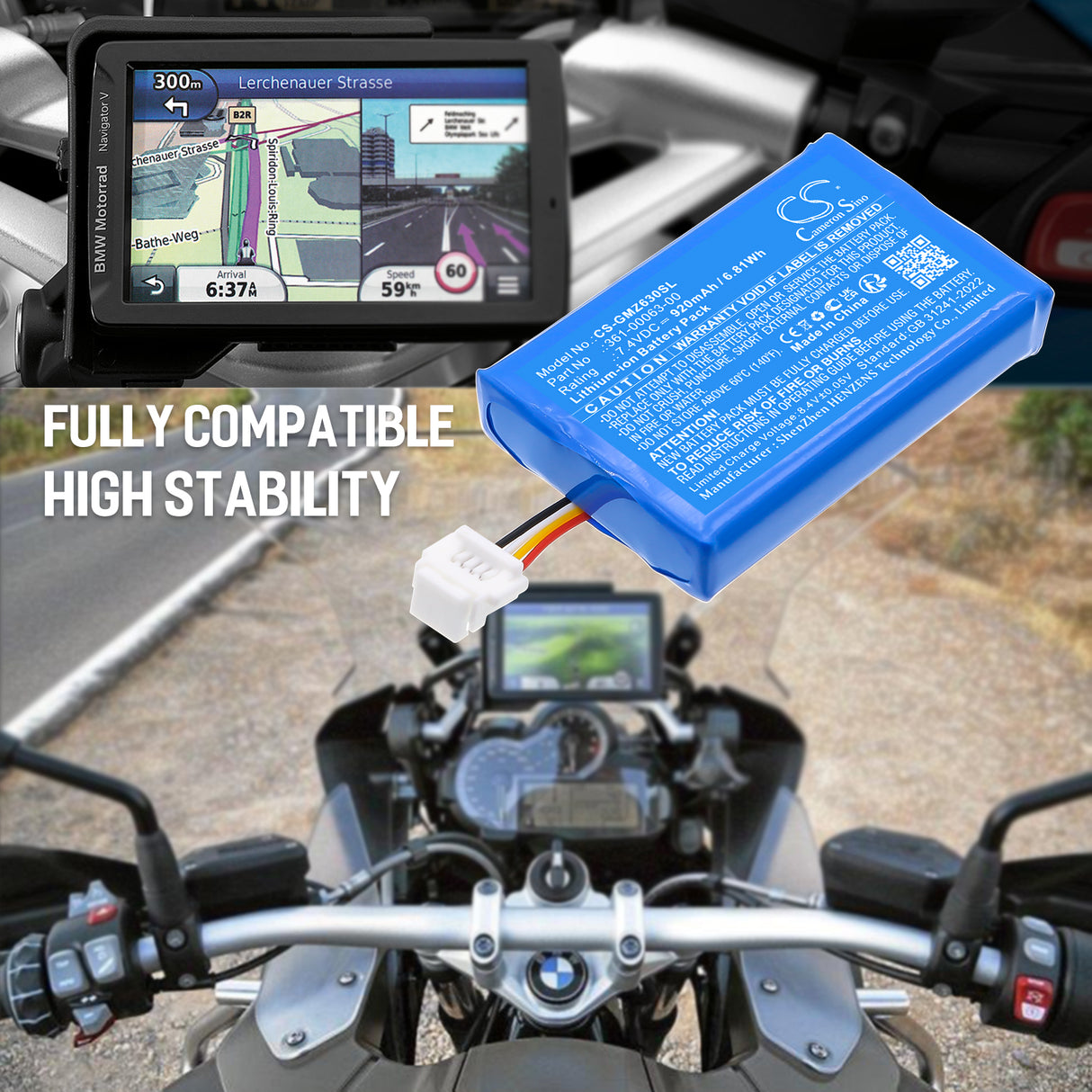 7.4V, Li-ion, 920mAh, GPS, batterie de navigateur compatible avec Bmw, 361-00063-00, Motorrad Navigator V, Motorrad Navigator Vi 6 Endura, 6.81Wh GPS, Navigator Cameron Sino Technology Limited