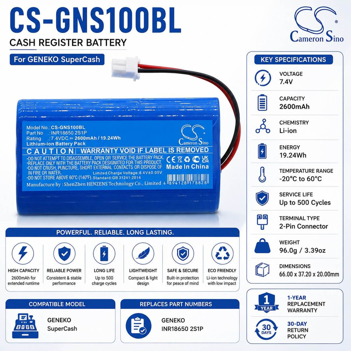7.4v, Li-ion, 2600mah, Cash Register Battery Fits Geneko Supercash, 19.24wh Cash Register Cameron Sino Technology Limited