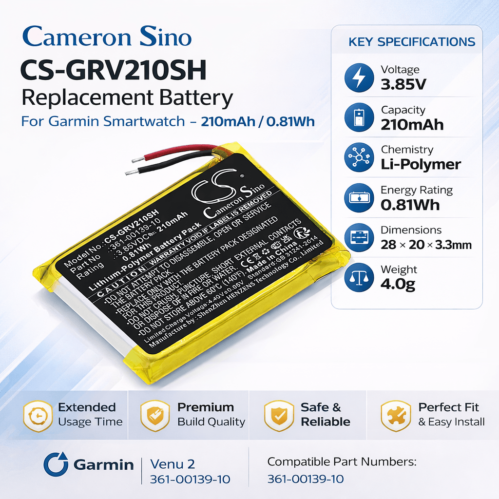 3.85V, Li-Polymer, 210mAh, Smartwatch battery fits Garmin, 361-00139-10, Venu 2, 0.81Wh Smartwatch Cameron Sino Technology Limited