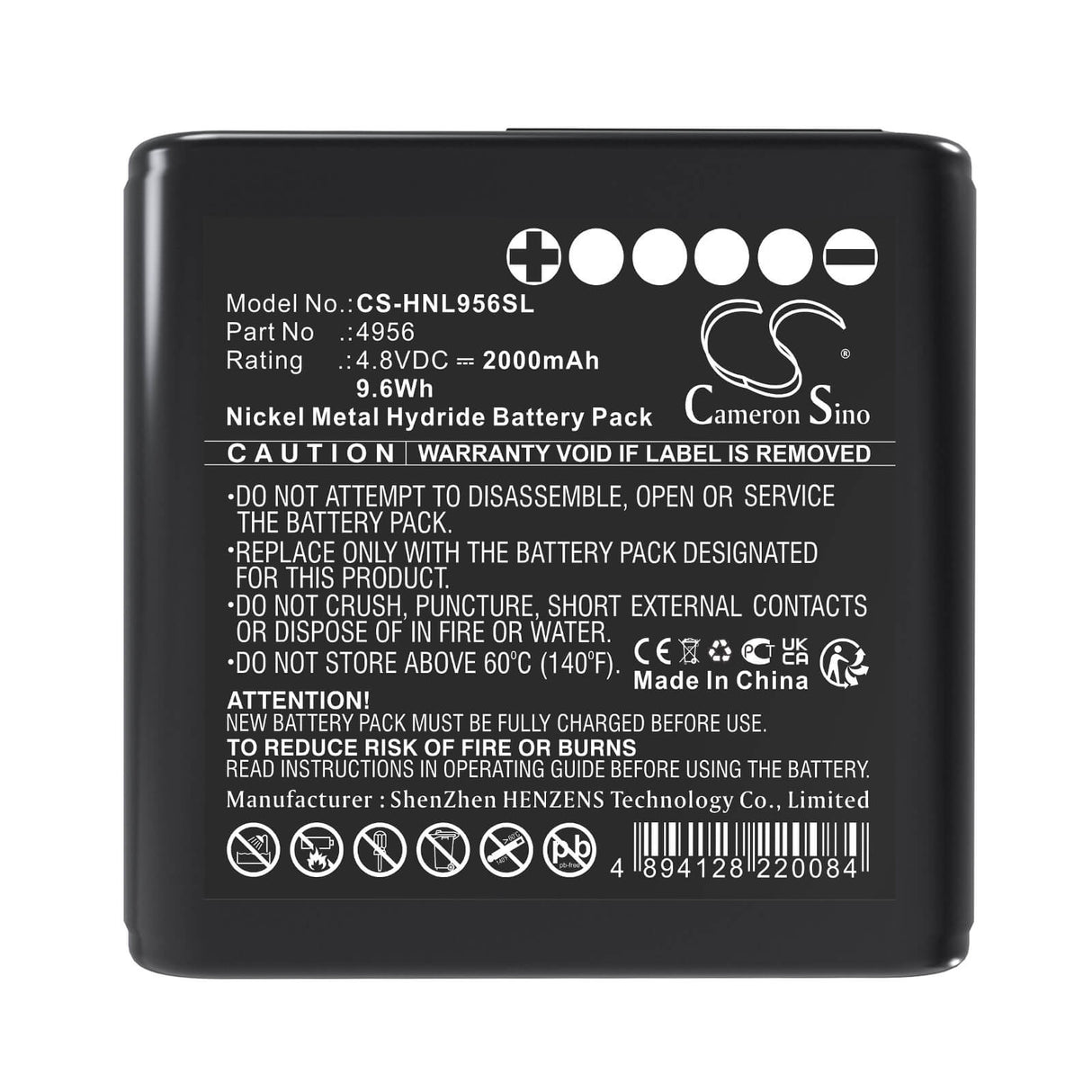 4.8V, Ni-MH, 2000mAh, Équipement, Enquête, Batterie de test compatible avec Honeywell, 4956, Lumidor Micromax Plus, Micromax pro, 9.6Wh Équipement, Enquête, Test Cameron Sino Technology Limited