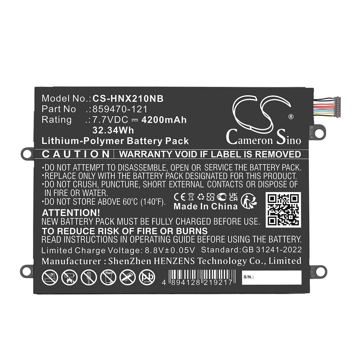 7.7V, Li-Polymer, 4200mAh, Notebook, Laptop battery fits Hp, 859470-121, NNotebook X2 10-P043TU, Notebook X2 10-P000NA, 32.34Wh Notebook, Laptop Cameron Sino Technology Limited