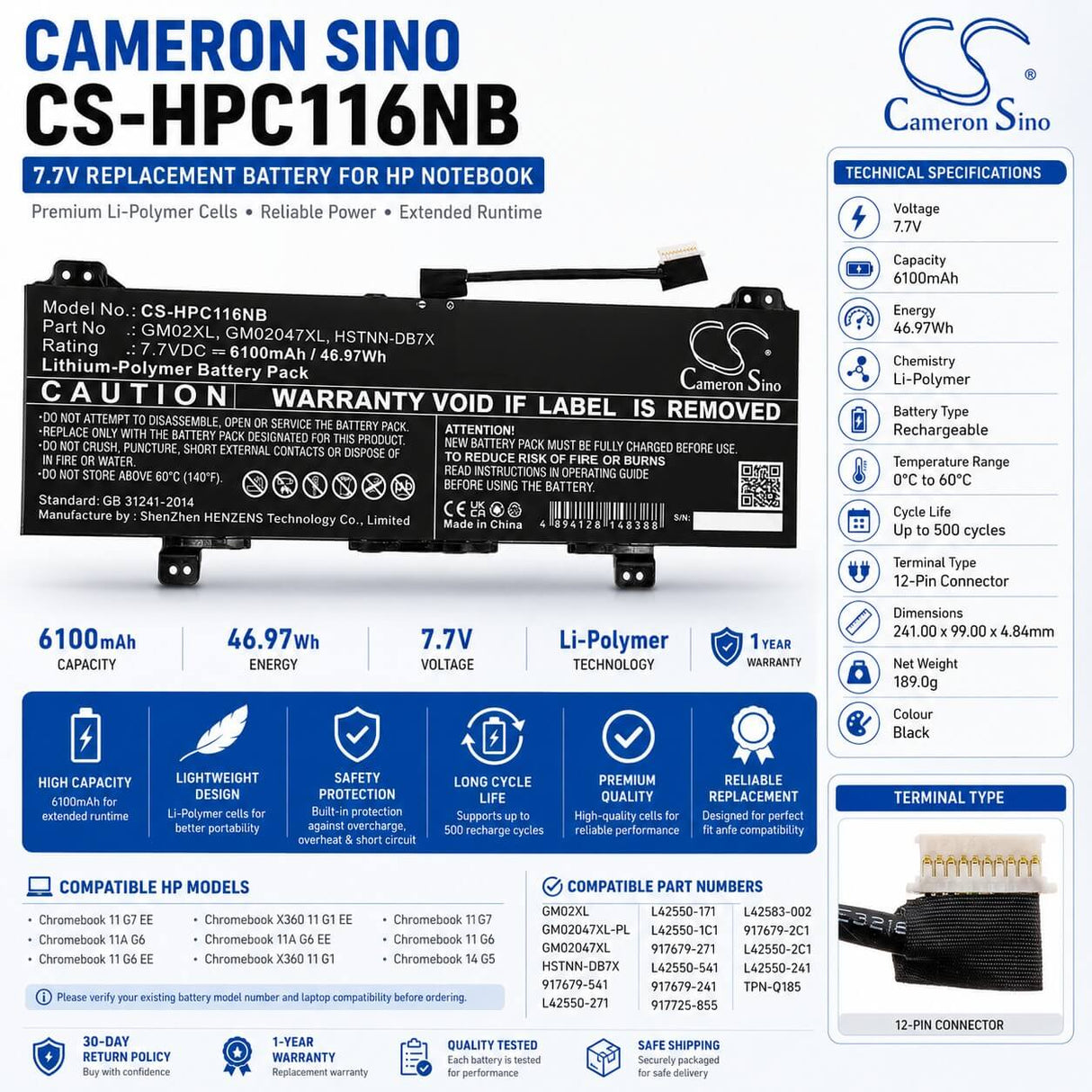 Battery For Hp, Chromebook 11 G6, Chromebook 11 G6 Ee, Chromebook 11 G7 7.7v, 6100mah - 46.97wh Notebook, Laptop Cameron Sino Technology Limited