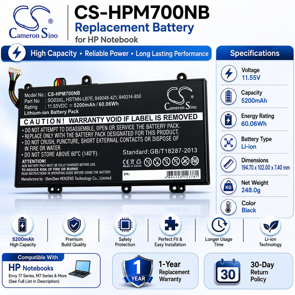Battery For Hp, Envy M7u, Envy M7-u009dx 11.55v, 5200mah - 60.06wh Notebook, Laptop Cameron Sino Technology Limited