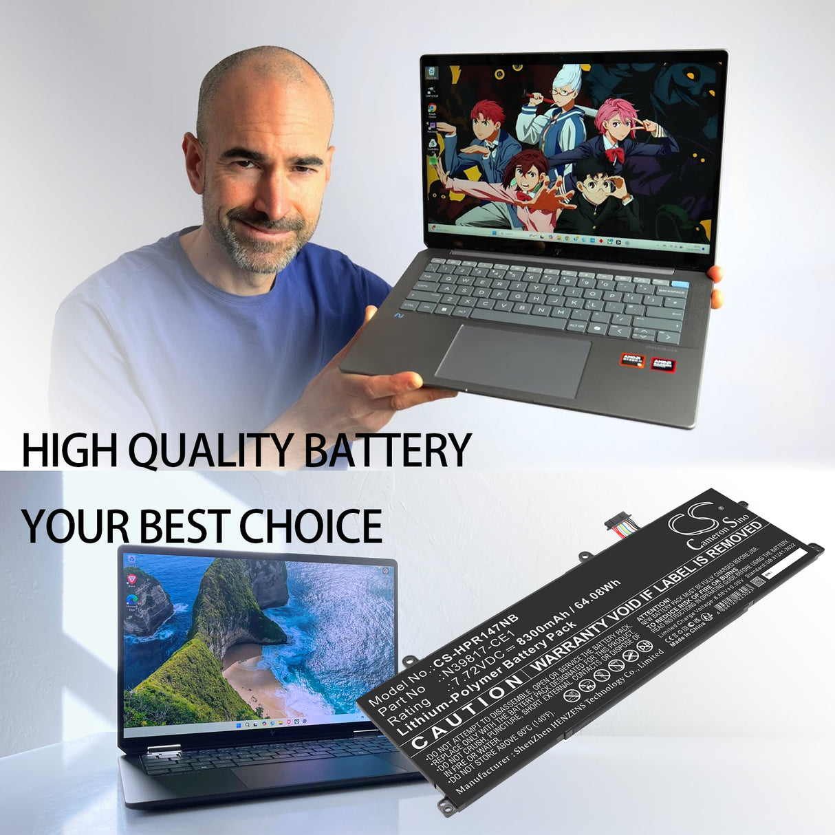 7.72V, Li-Polymer, 8300mAh, Notebook, Laptop battery fits HP, HSTNN-WB0F, Book pro 16, Envy x360 2-in-1 16-ad0097nr, 64.08Wh Notebook, Laptop Cameron Sino Technology Limited