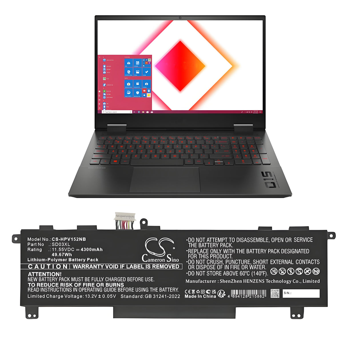 11.55V, Li-Polymer, 4300mAh, Notebook, Laptop battery fits Hp, Hstnn-ob1r, Omen 15-ek0009tx, Omen 15-ek0010tx, 49.67Wh Notebook, Laptop Cameron Sino Technology Limited