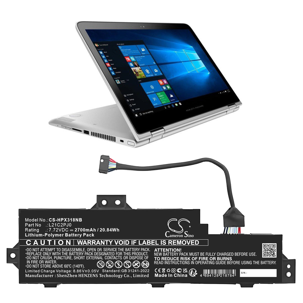 7.72V, Li-Polymer, 2700mAh, Notebook, Laptop battery fits Lenovo, L21c2pj0, Pavilion X360 13-u018tu, 20.84Wh Notebook, Laptop Cameron Sino Technology Limited