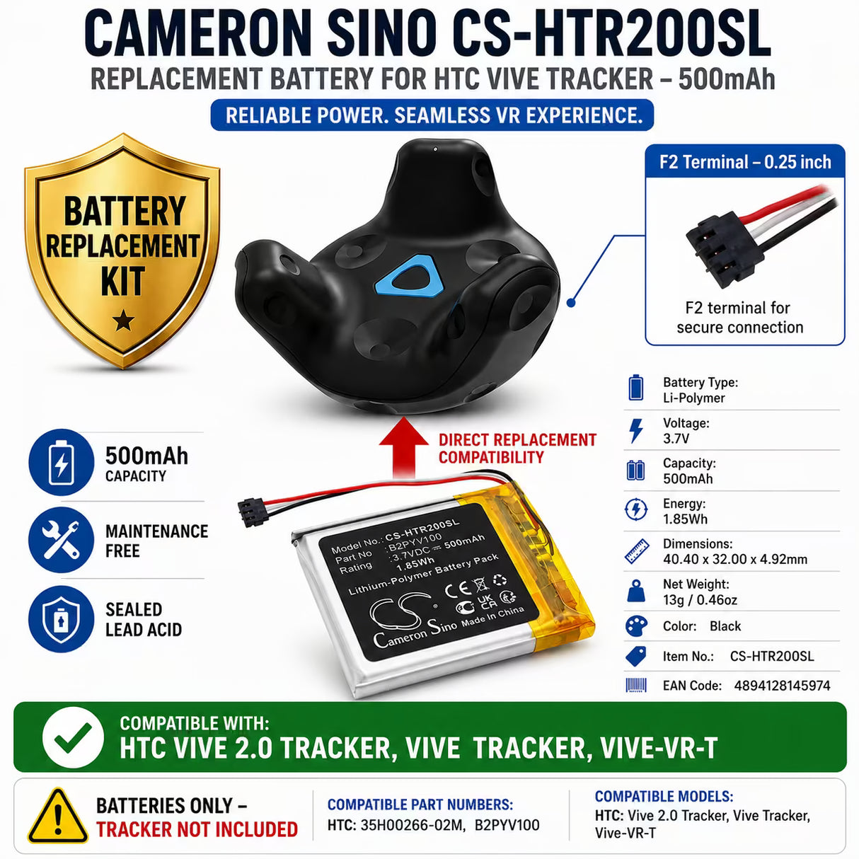 3.7V, Li-Polymer, 500mAh VR Battery fits Htc, Vive 2.0 Tracker, Vive Tracker, 1.85Wh VR Cameron Sino Technology Limited
