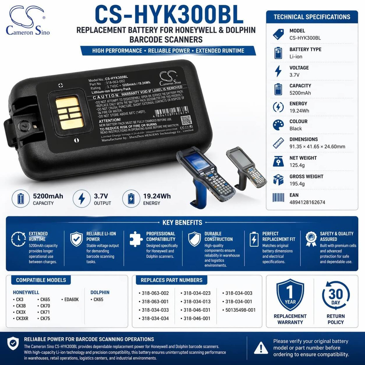Barcode Scanner Battery For Dolphin, Ck65, Honeywell, Ck3 3.7v, 5200mah - 19.24wh Barcode Scanner Cameron Sino Technology Limited