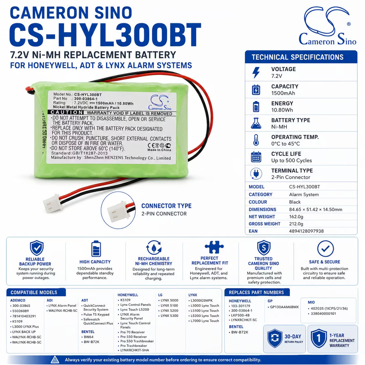 Cameron Sino CS-HYL300BT Battery for Honeywell ADT Lynx Alarm Systems 1500mAh Alarm System Cameron Sino Technology Limited