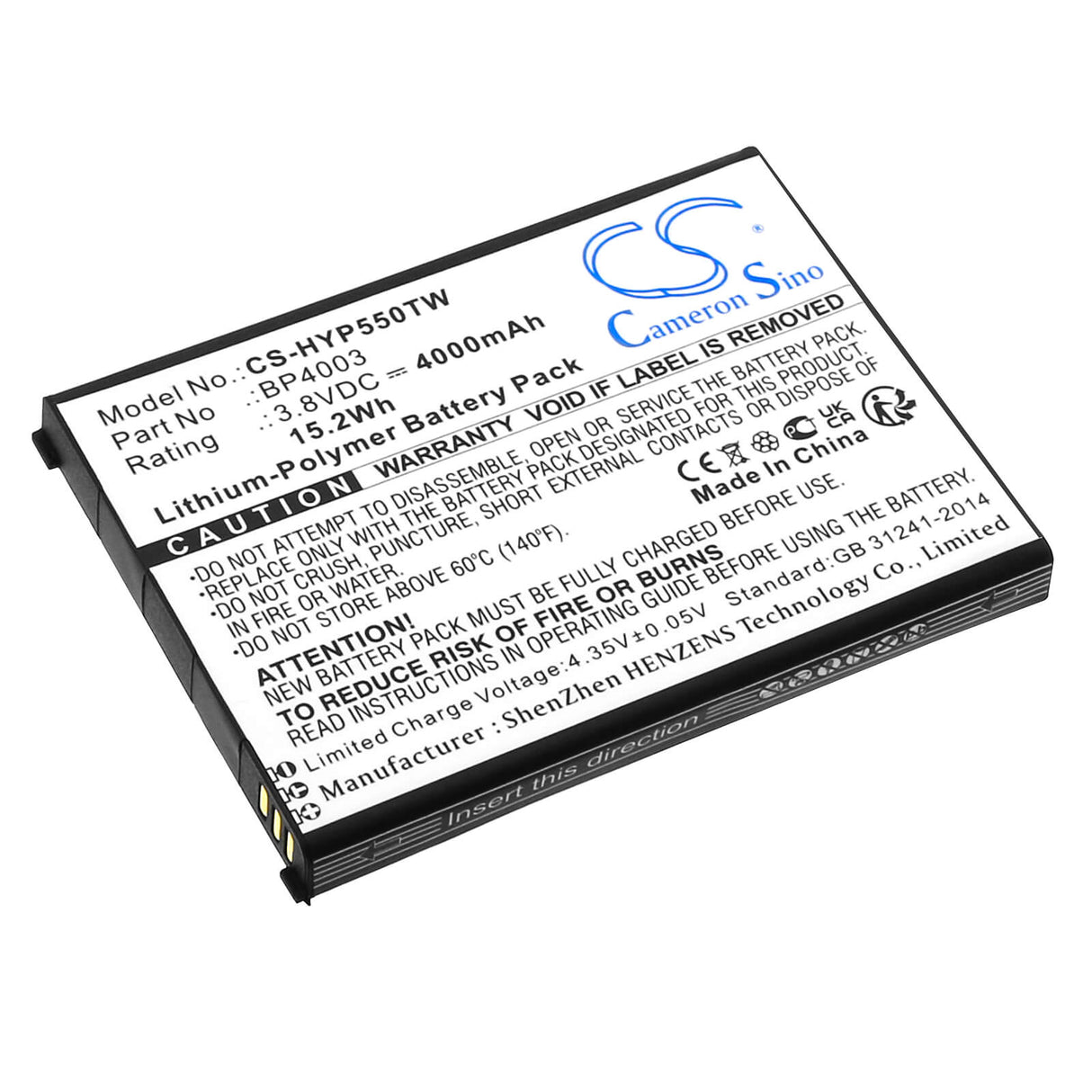 3.8V, Li-Polymer, 4000mAh, Two-Way Radio battery fits Hytera, Bp4003, Pcn550, 15.2Wh Two-Way Radio Cameron Sino Technology Limited