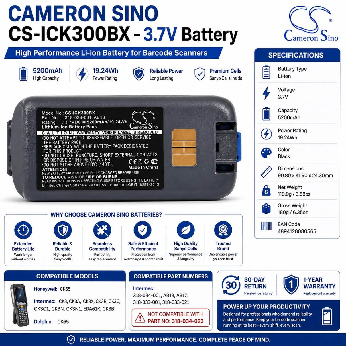 Barcode Scanner Battery For Intermec Ck3, Ck3a, Ck3X 3.7v, 5200mah - 19.24wh Barcode Scanner Cameron Sino Technology Limited