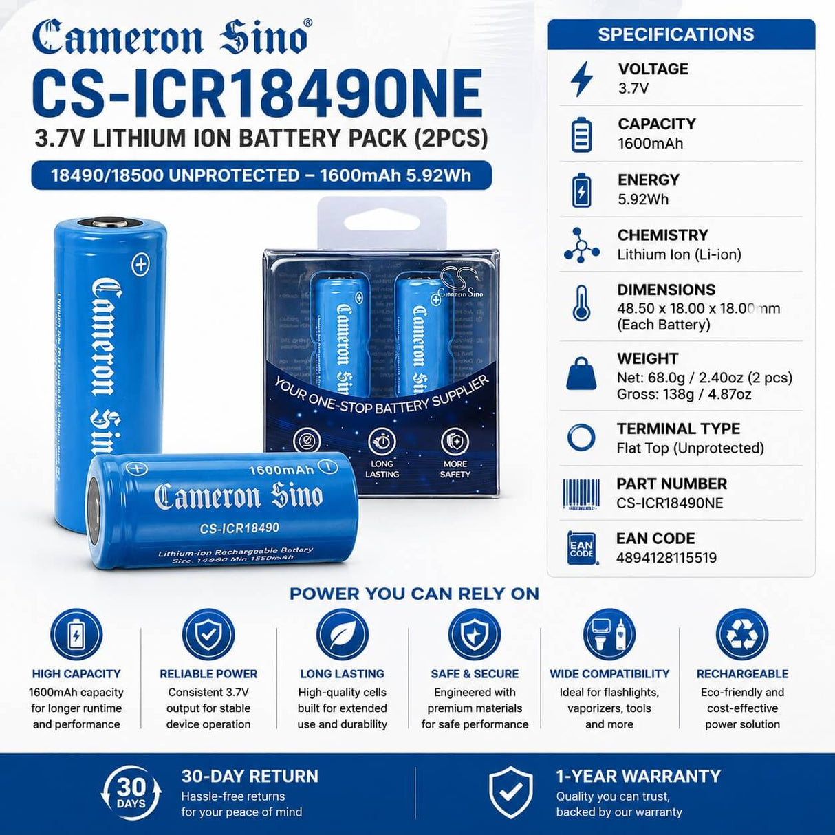 Cameron Sino CS-ICR18490NE 18490/18500 Battery 2pcs 3.7V 18490 Cameron Sino Technology Limited
