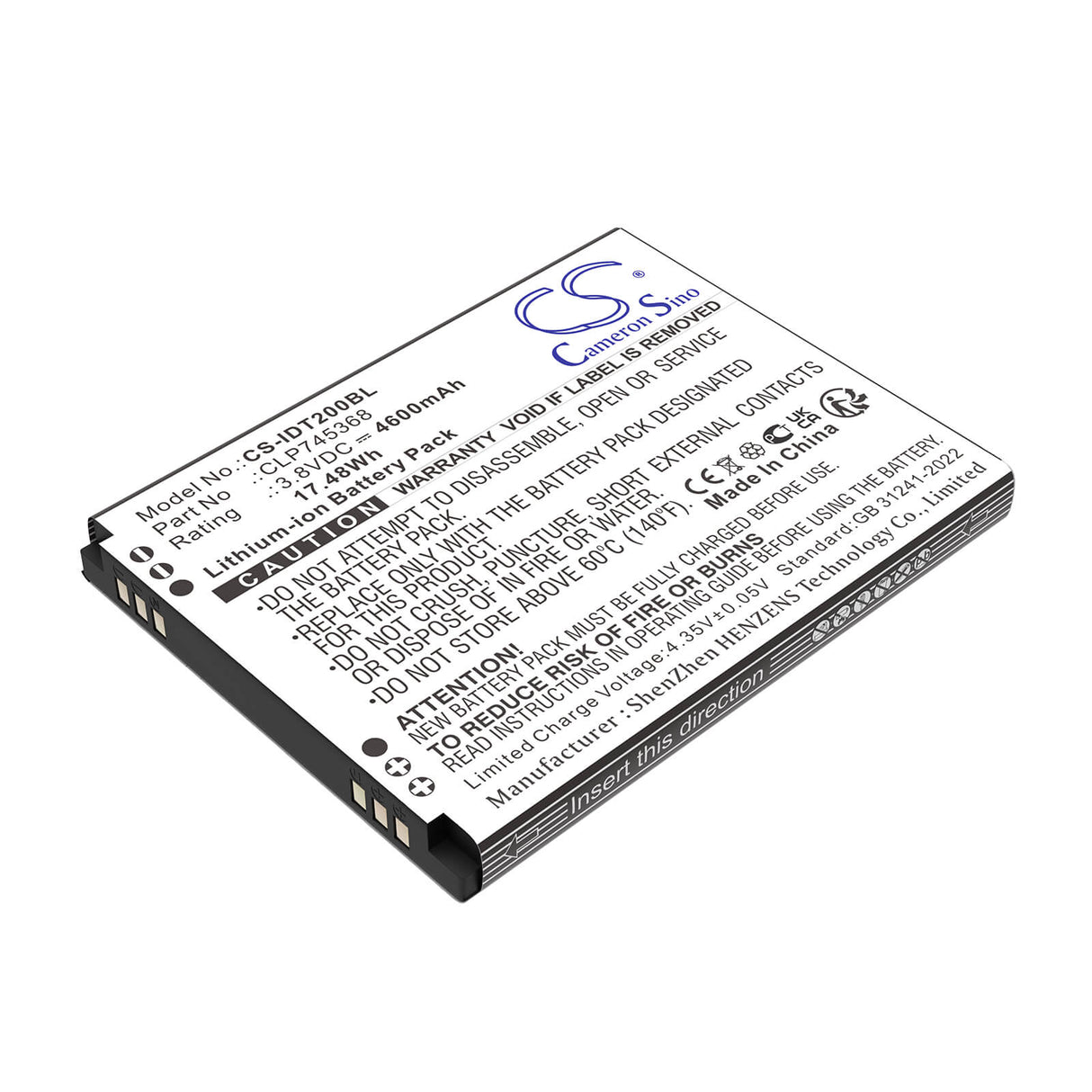 3,8V, Li-ion, 4600mAh, batterie de scanner de codes-barres compatible avec Idata, CLP745368, T3, X2P, 17,48Wh Scanner de codes-barres Cameron Sino Technology Limited