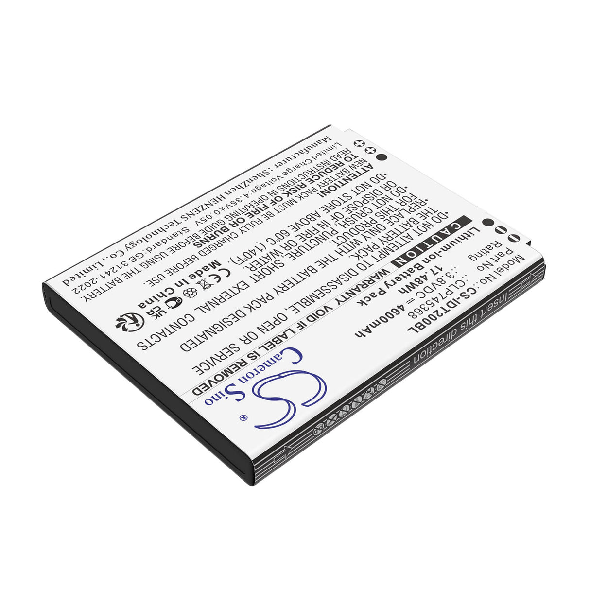 3,8V, Li-ion, 4600mAh, batterie de scanner de codes-barres compatible avec Idata, CLP745368, T3, X2P, 17,48Wh Scanner de codes-barres Cameron Sino Technology Limited
