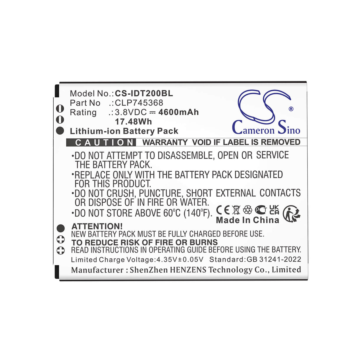 3,8V, Li-ion, 4600mAh, batterie de scanner de codes-barres compatible avec Idata, CLP745368, T3, X2P, 17,48Wh Scanner de codes-barres Cameron Sino Technology Limited