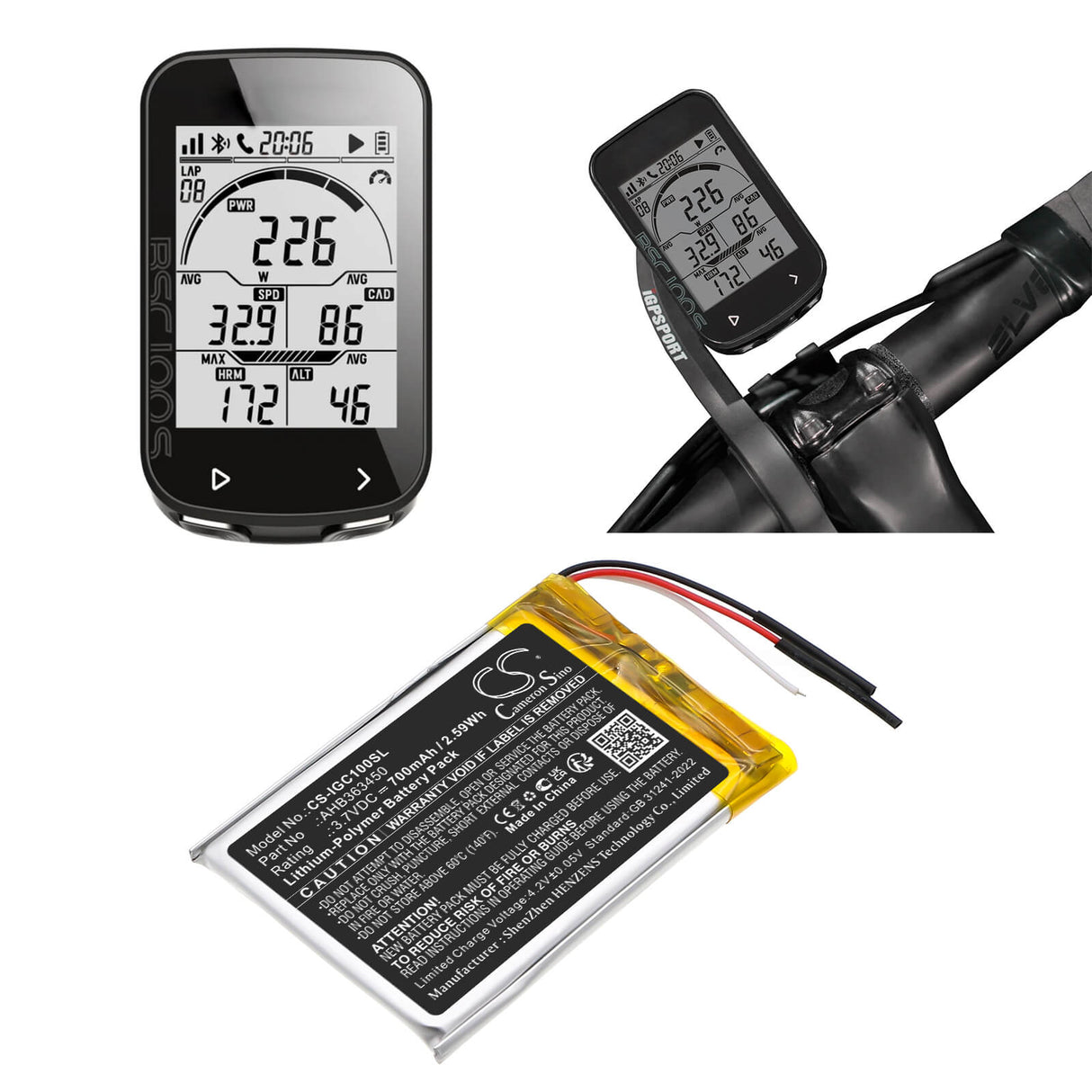 3,7V, Li-Polymère, 700mAh, GPS, batterie de navigateur compatible avec Igpsport, Ahb363450, Bsc100, Bsc100s, 2,59Wh GPS, Navigator Cameron Sino Technology Limited