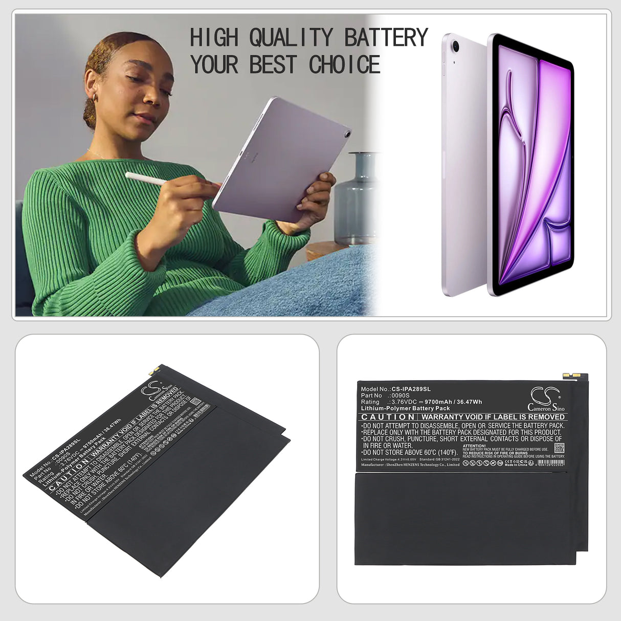 3.76V, Li-Polymer, 9700mAh, Tablet battery fits Apple, 0090S, A2898, A2899, 36.47Wh Tablet Cameron Sino Technology Limited
