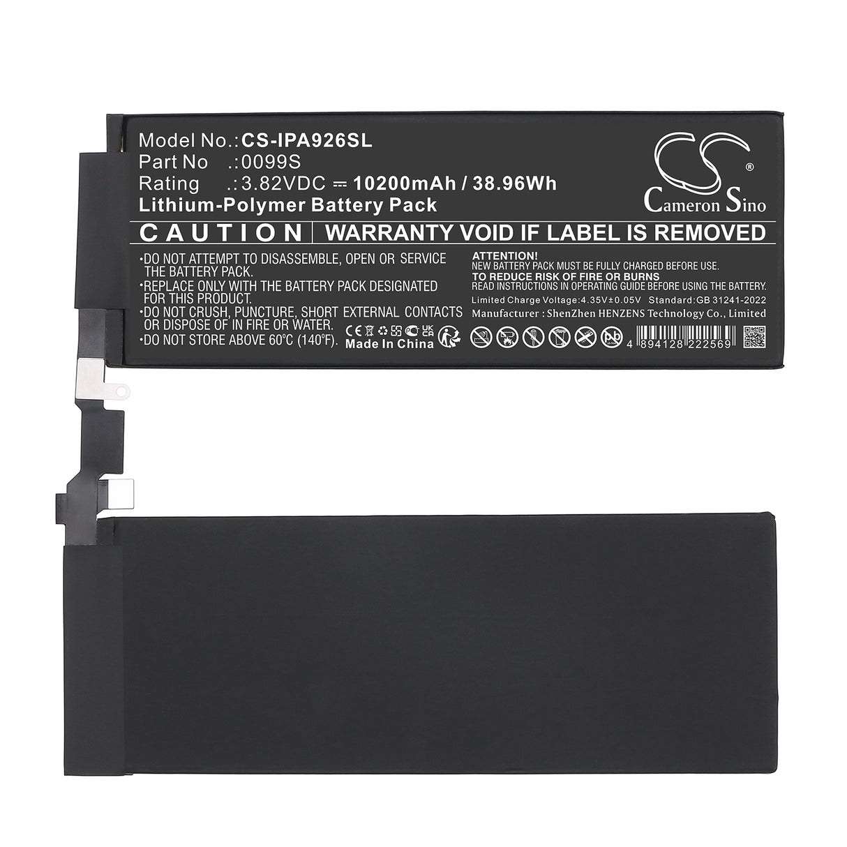 3.82V, Li-Polymer, 10200mAh, Tablet battery fits Apple, 0099S, A2925, A2926, 38.96Wh Tablet Cameron Sino Technology Limited