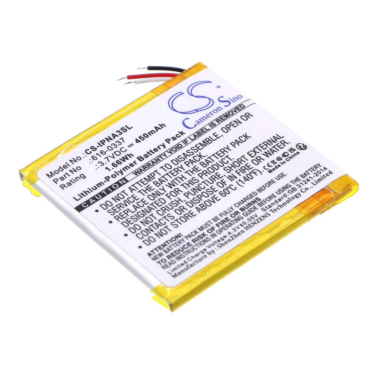 3.7V, Li-Polymer, 450mAh, Media Player battery fits Apple, 616-0311, Ipod Nano 3rd 4gb, Ipod Nano 3rd 8gb, 1.67Wh Media Player Cameron Sino Technology Limited