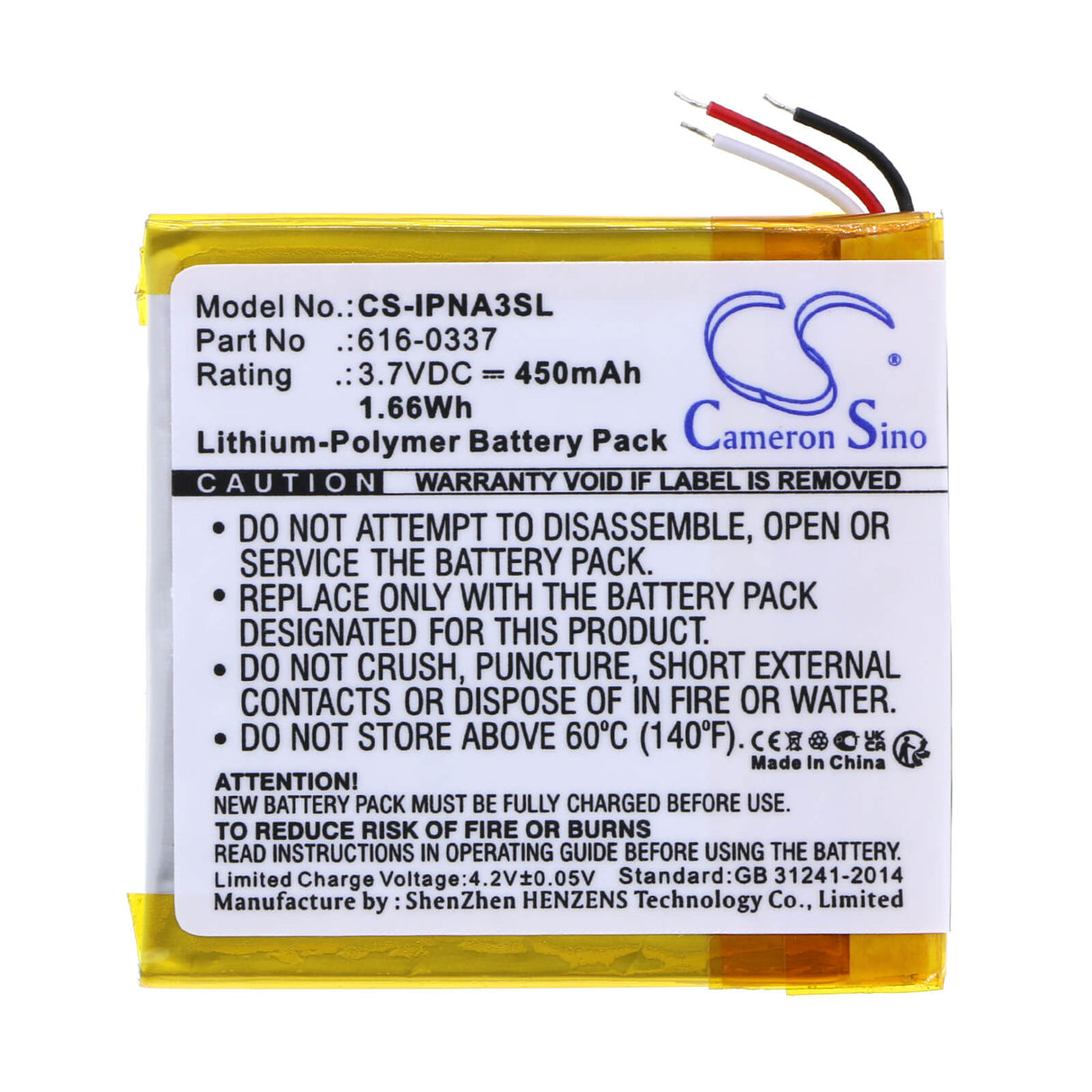 3.7V, Li-Polymer, 450mAh, Media Player battery fits Apple, 616-0311, Ipod Nano 3rd 4gb, Ipod Nano 3rd 8gb, 1.67Wh Media Player Cameron Sino Technology Limited