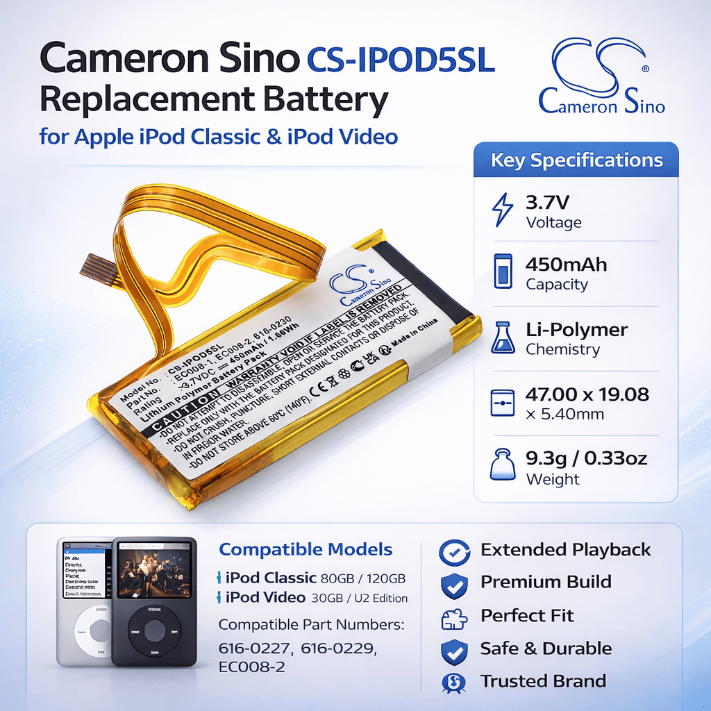 Cameron Sino CS-IPOD5SL Battery for Apple iPod Classic & Video 450mAh Replacement Media Player Cameron Sino Technology Limited