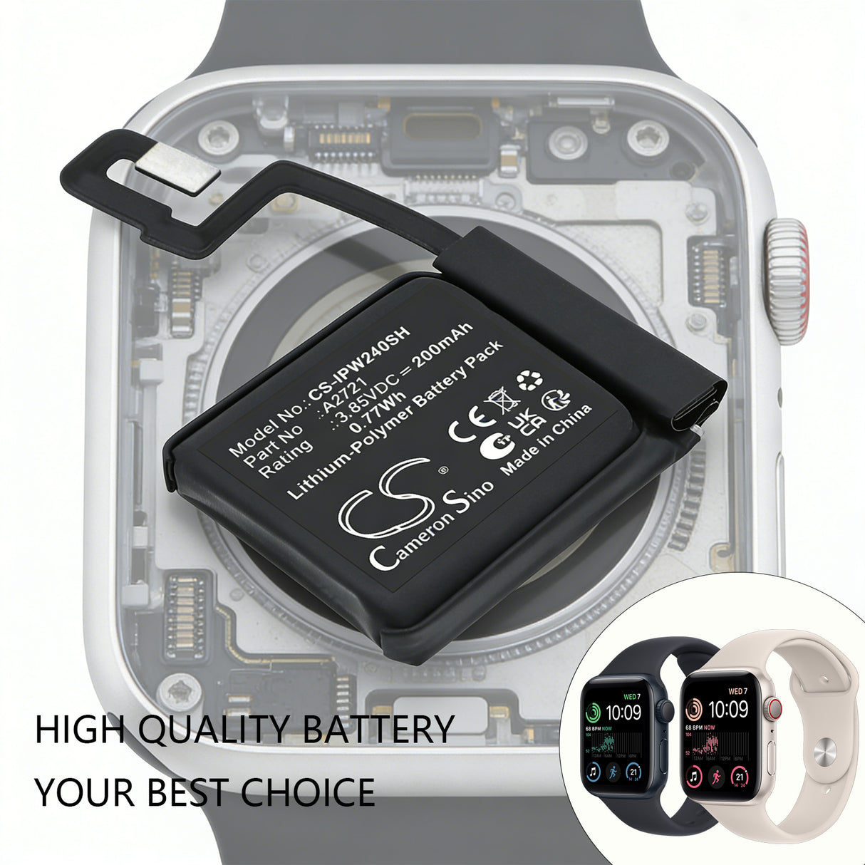 3.85V, Li-Polymer, 200mAh, Smartwatch battery fits Apple, A2721, Watch SE 2 40mm, 0.77Wh Smartwatch Cameron Sino Technology Limited