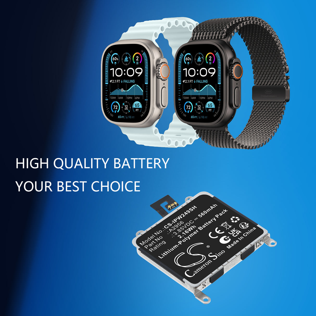 3.85V, Li-Polymer, 560mAh, Smartwatch battery fits Apple, A2956, A2686, A2887, 2.16Wh Smartwatch Cameron Sino Technology Limited