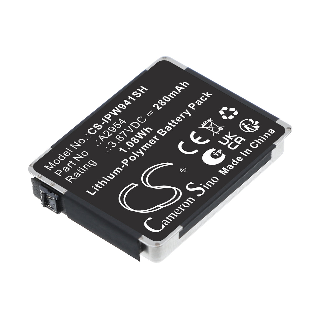 3.87V, Li-Polymer, 280mAh, Smartwatch battery fits Apple, A2954, MR913LL/A, Watch Series S9 41mm, 1.08Wh Smartwatch Cameron Sino Technology Limited