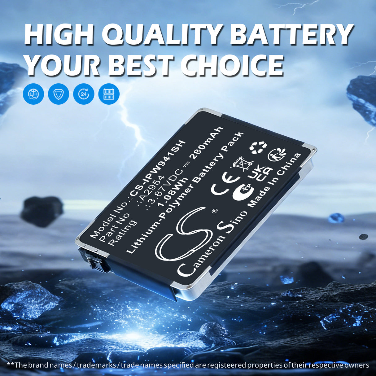 3.87V, Li-Polymer, 280mAh, Smartwatch battery fits Apple, A2954, MR913LL/A, Watch Series S9 41mm, 1.08Wh Smartwatch Cameron Sino Technology Limited