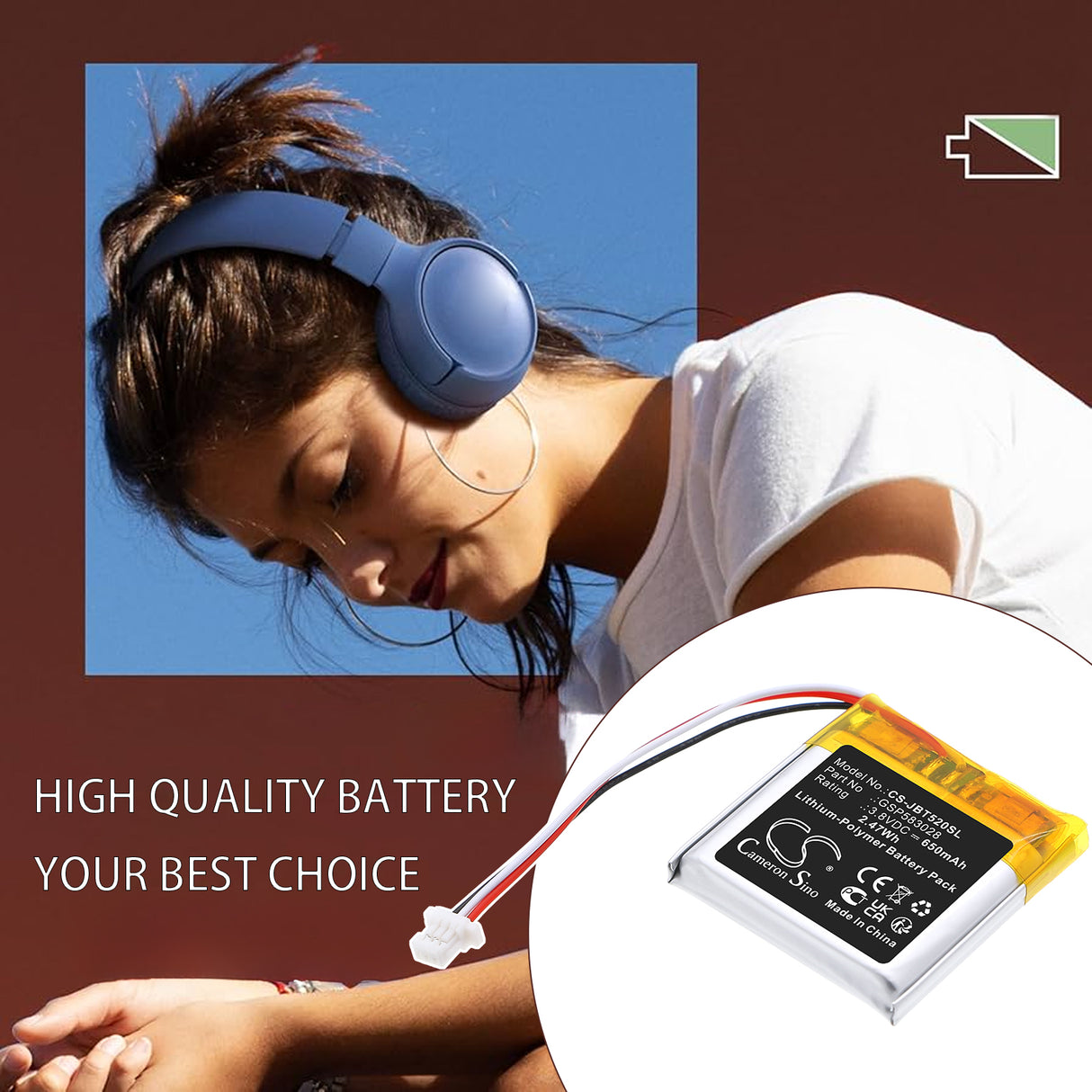 3.8V, Li-Polymer, 650mAh, Wireless Headset battery fits JBL, GSP583028, Tune 520 BT, 2.47Wh Wireless Headset Cameron Sino Technology Limited