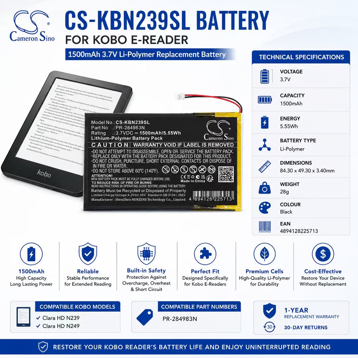 Kobo Clara HD N239 N249 Replacement Battery 1500mAh 3.7V E-book, E-reader Cameron Sino Technology Limited